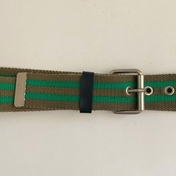 Vintage Green and Brown Heavy Canvas Belt sz W 34-38” Rugby Shirt Stripe Preppy - Picture 3 of 3